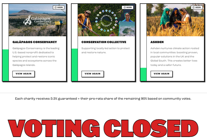 Webpage screenshot showing three charity options (Galápagos Conservancy, Conservation Collective, and Ashden) marked 'SEEN' with a large red 'VOTING CLOSED' stamp at the bottom.