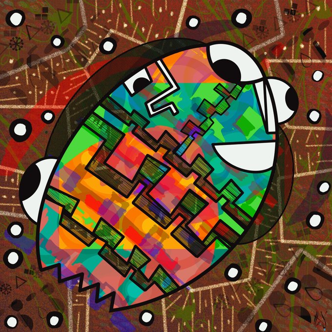 A colorful, abstract digital illustration featuring a Pac-Man-like character with a rainbow-striped body and large eyes against a textured brown background.