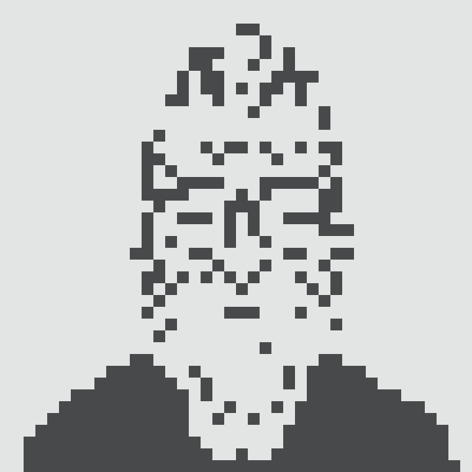A pixel art style portrait of a man with glasses and a beard, rendered in dark blue blocks on a white background.