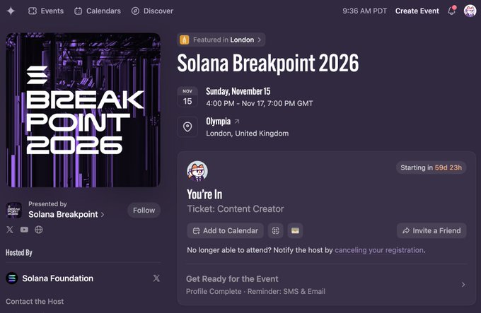 An event page for 'Solana Breakpoint 2026' taking place on Sunday, November 15, at Olympia in London, with a 'You're In' ticket status.