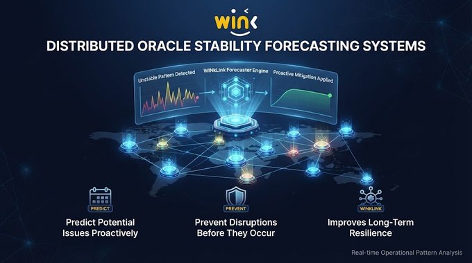 An infographic titled "DISTRIBUTED ORACLE STABILITY FORECASTING SYSTEMS" from "WINk," showing a network diagram with sections for "Predict Potential Issues Proactively," "Prevent Disruptions Before They Occur," and "Improves Long-Term Resilience."