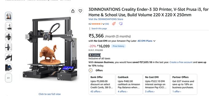 The image shows an Amazon India product listing for the "3DINNOVATIONS Creality Ender-3 3D Printer, V-Slot Prusa i3" priced at ₹5,366/month (3 months), with a 20% discount bringing it down from ₹16,099, and it includes a build volume of 220 x 220 x 250mm.

The post's mention of being "pretty cheap" aligns with the listing's heavy 20% discount and affordable EMI payment plan, suggesting the seller is highlighting the deal's long-term value despite the upfront cost of the 3D printer.
