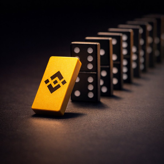 A 3D render of a yellow Binance (BNB) hardware wallet lying in front of a row of black dominoes on a dark surface.