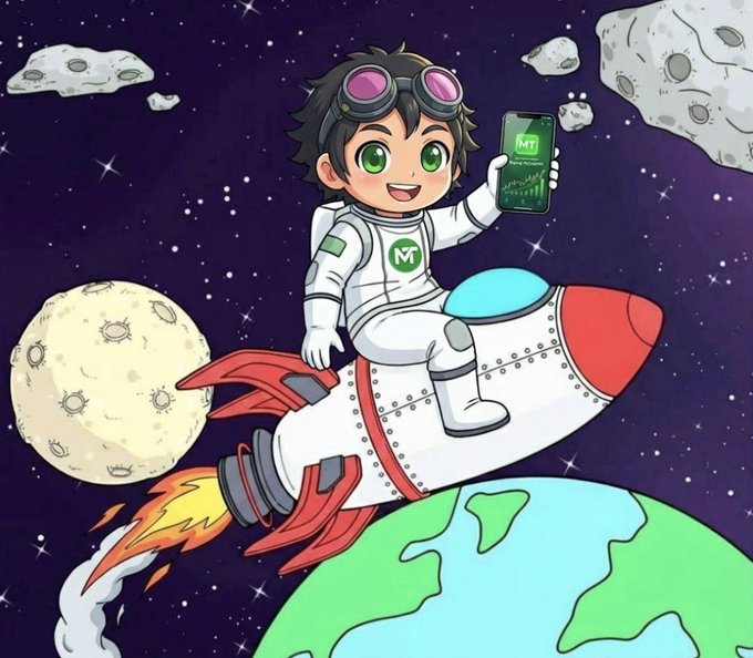 A cartoon character in an astronaut suit rides a rocket through space while holding a phone displaying "$MT" and a green chart, matching the $MT ticker featured in the post. The space-themed illustration visually represents the MemeTorrent ($MT) project and its upcoming $SOL drop announcement.
