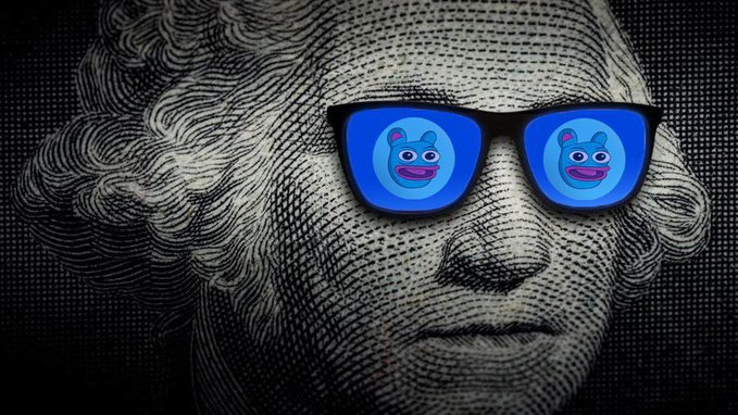 A close-up of a face resembling George Washington printed on currency, wearing blue sunglasses that reflect blue cartoon hippo characters.