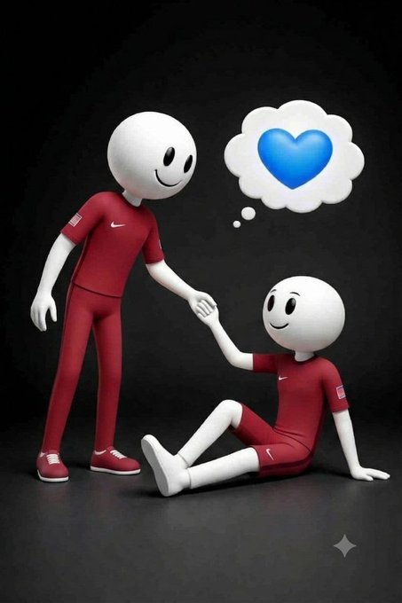 A 3D-rendered illustration shows two white figures in red athletic outfits holding hands, with a thought bubble containing a blue heart above the seated figure.