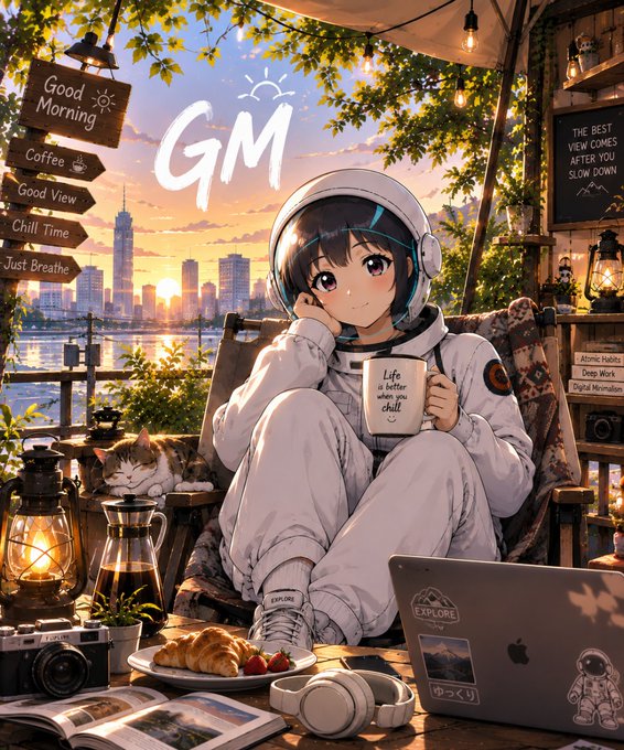 An anime-style girl in an astronaut suit sits relaxed with a "Life is better when you chill" mug, surrounded by cozy decor including a "GM" sign, a "Good Morning/Coffee/Good View/Chill Time/Just Breathe" wooden signboard, a cat, breakfast pastries, and a laptop with "EXPLORE" stickers, all set against a sunrise cityscape.

The image visually reinforces the post's casual "Gm happy weekend" greeting and its relaxed tone, while the "EXPLORE" sticker on the laptop subtly nods to @CNPYNetwork's exploration of a new privacy-focused AI architecture.