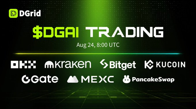 A promotional graphic for "$DGAI TRADING" on DGrid, scheduled for Aug 24, 8:00 UTC, listing exchanges like OKX, Kraken, Bitget, KuCoin, Gate, MEXC, and PancakeSwap.