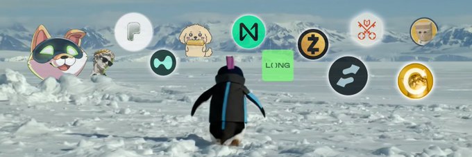 A penguin stands in a snowy mountain landscape surrounded by various circular cryptocurrency and tech logos including Linga, Zilliqa, and others.