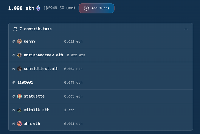 A crypto tipping pot shows 1.098 ETH ($2949.59 USD) in total funds contributed by 7 supporters, with vitalik.eth notably contributing 1 ETH—the largest individual donation—alongside smaller contributions ranging from 0.001 to 0.047 ETH from other contributors like kenny, adrianandreev.eth, and ahn.eth.