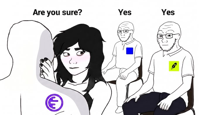 A meme illustration showing a dark-haired character asking 'Are you sure?' to two bearded men labeled 'Yes' and 'Yes', featuring logos for Monero and Feathercoin.