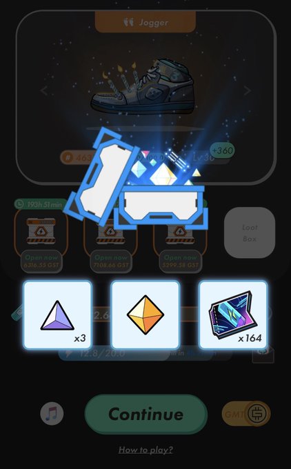 A mobile game screen displays a "Jogger" sneaker as the top prize along with item counts (x3 purple gems, x164 blue gems) and timers like "19:11:31 min" and "Loot Box," with a prominent overlay of a sneaker and trophy icon, humorously tying into the Japanese caption invoking a divine summoning to claim the virtual shoes.