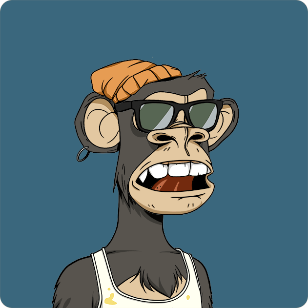 A cartoon illustration of a Bored Ape-style NFT character wearing a beanie, sunglasses, and a hoop earring against a teal background.
