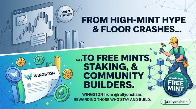The image features a poster for a cryptocurrency called Wingston. The poster includes two columns, one with a blue background and the other with a green background. Below each column are illustrations of a person working on a computer screen and a person using a hammer. The text on the poster states that Wingston is offering free mints to anyone who staking their coins.