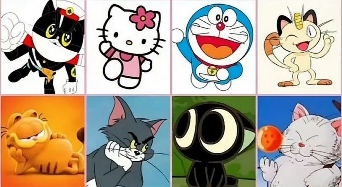 A grid of eight popular cartoon cats is shown, including characters like Hello Kitty, Doraemon, Meowth from Pokémon, Garfield, Tom, and a Powerpuff Girls-style cat.