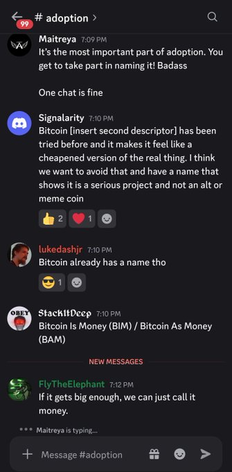 A Discord chat in the #adoption channel discussing potential names, with messages from users Maitreya, Signality, lukedashjr, SlackItDeep, and FlyTheElephant.