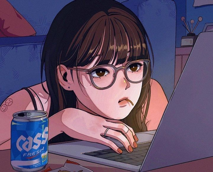 An anime woman with glasses rests her head on a desk while using a laptop, with a blue "CASS FRESH" energy drink beside her, her tired and slightly annoyed expression mirroring the poster's frustration at missing the +80% $ZETA pump.