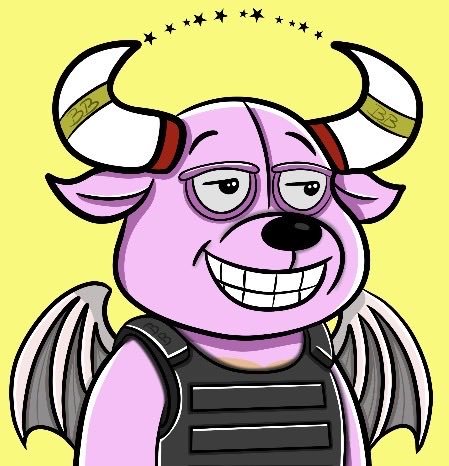 A cartoon illustration of a pink bull-like character with white horns, small wings, a wide toothy grin, and wearing a black tactical vest, set against a yellow background with stars.