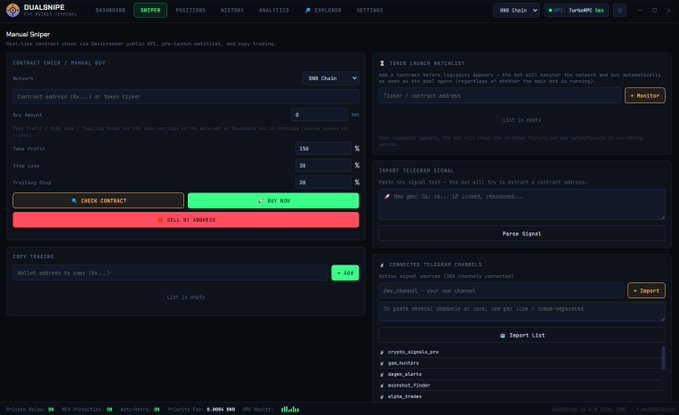 A dark-themed DualSnipe trading dashboard displays a Manual Sniper interface for the BNB Chain and TurboRPC networks, with fields for contract address, buy amount (8), take profit (150%), stop loss (50%), and trailing stop (20%). The right panel shows options to parse Telegram signals, check a token launch on "SNIPER LAUNCH WATCHLIST," import lists of channels like crypto_signals_pro and gem_hunters, and add telegram channels to copy-trade. The interface visually demonstrates how the tool bridges real-time Telegram signals to automated contract execution without app switching.