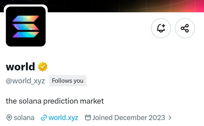 A social media profile for 'world' (@world_xyz) describes itself as 'the solana prediction market', joined December 2023.
