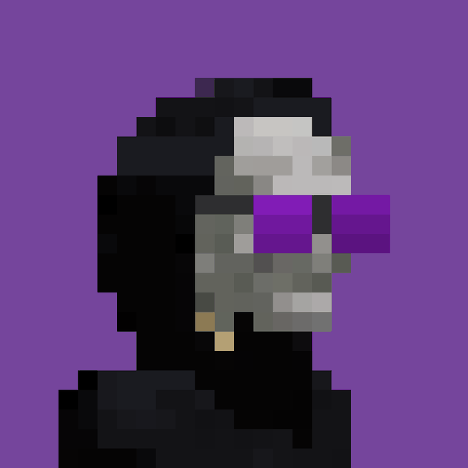 Pixel art of a hooded figure (resembling Reaper from Overwatch) in black with a purple visor against a purple background.