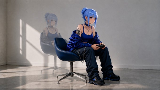 A young woman with bright blue hair in a ponytail, wearing a blue tank top, dark jacket, and dark pants, sits on a black chair playing a video game, with a translucent ghostly reflection of herself visible behind her in a sunlit room.