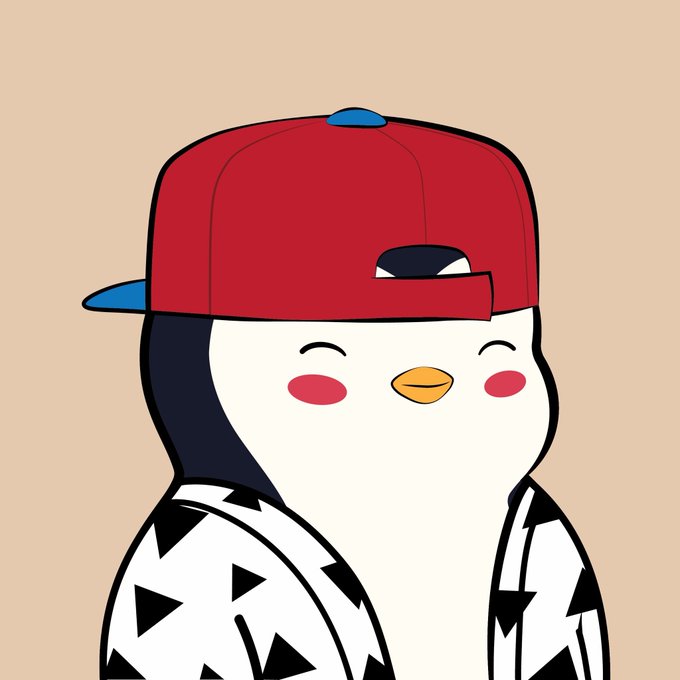 An illustration of a cute penguin character wearing a red backwards baseball cap and a patterned white jacket against a tan background.