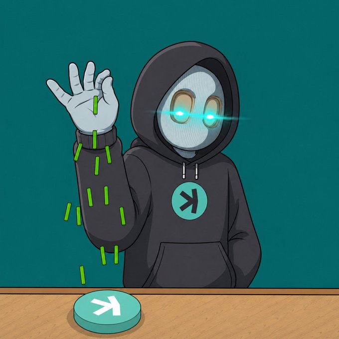 A hooded robot with glowing teal eyes holds up three fingers while green dashes rain down from its hand toward a teal disc on a wooden table, both marked with the Kaspa (K) logo. The image visually reinforces the post's claim about $KAS's undeniable strength and its potential for major corporate backing, with the falling green streaks symbolizing accumulation or growth toward the recognizable Kaspa token.