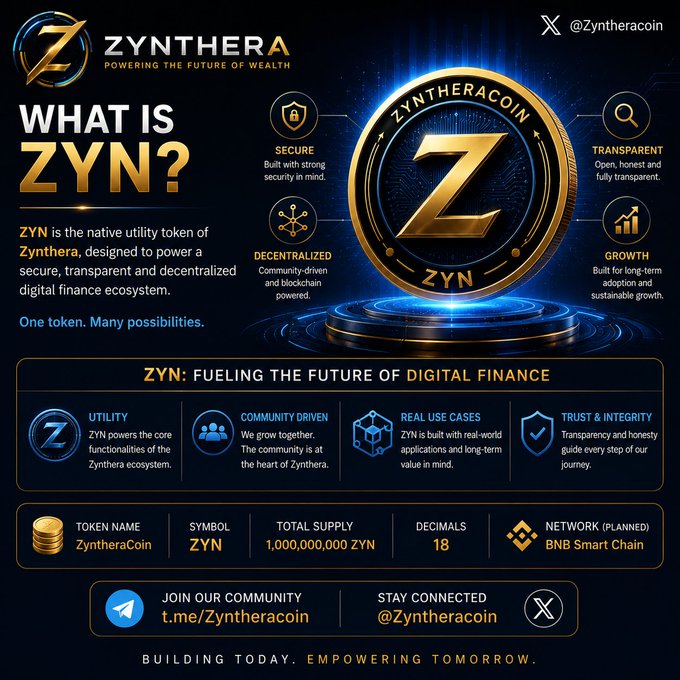 A sleek promotional infographic introduces "Zynthera" and its native token "ZYN" (ZyntheraCoin), highlighting a total supply of 1,000,000,000 ZYN with 18 decimals, planned for BNB Smart Chain. The graphic showcases key features like security, transparency, decentralization, and growth, visually reinforcing the accompanying post's message about building a community-driven digital asset ecosystem with practical utility and transparent development.