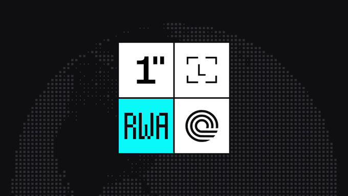 The image features a logo with four square tiles, each displaying different symbols related to online stock trading services. These symbols include a globe, a phone number, an envelope, and a dollar sign. The main element of the logo is the text that reads "1" and "@", which can be interpreted as either the abbreviation for "RWA" or the number one, depending on the context. The logo appears to be related to the trading services offered by @Ledger Wallet, an app specifically designed for tokenized stocks.
