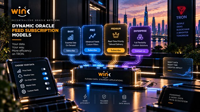 A futuristic dark-themed promotional graphic for "WIN" Decentralized Oracle Network, displaying "DYNAMIC ORACLE FEED SUBSCRIPTION MODELS" with pricing tiers (Basic, Pro, Premium, Enterprise) and a Tron logo in the upper right.