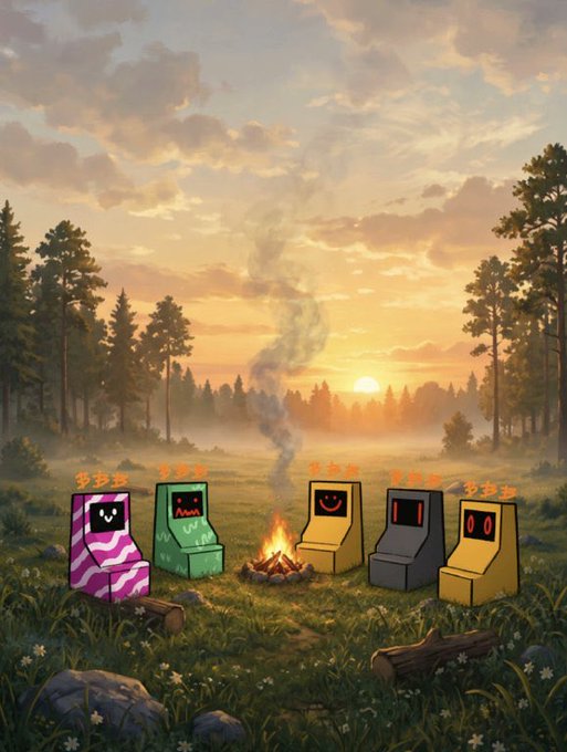 An artistic illustration of five retro arcade cabinets of various colors (pink, green, tan, gray, yellow) gathered around a campfire in a misty forest at sunset, each with glowing eyes/screen displays.