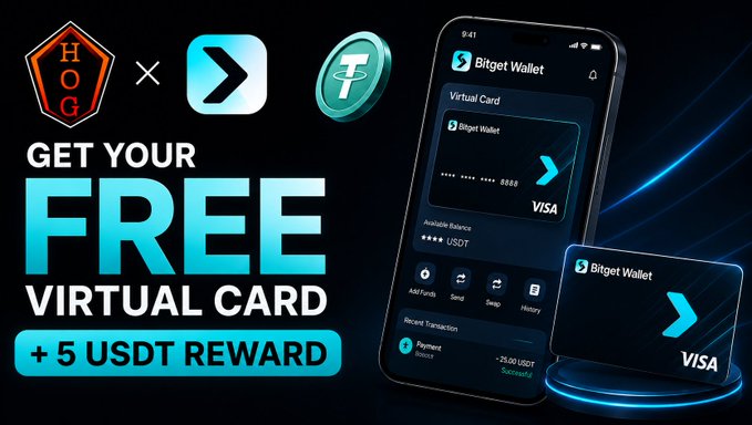 Promotional graphic announcing a collaboration between HOG, Bitget Wallet, and Tether, offering a FREE virtual Visa card plus 5 USDT reward, featuring a Bitget Wallet mobile app interface showing card details and a recent successful transaction.