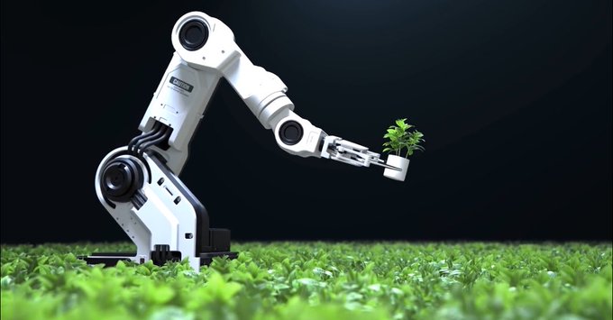 A white robotic arm holds a small potted green plant against a dark background, surrounded by a field of green leaves.