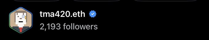 A social media profile header showing the username 'tma420.eth' with a verified blue checkmark and 2,193 followers.