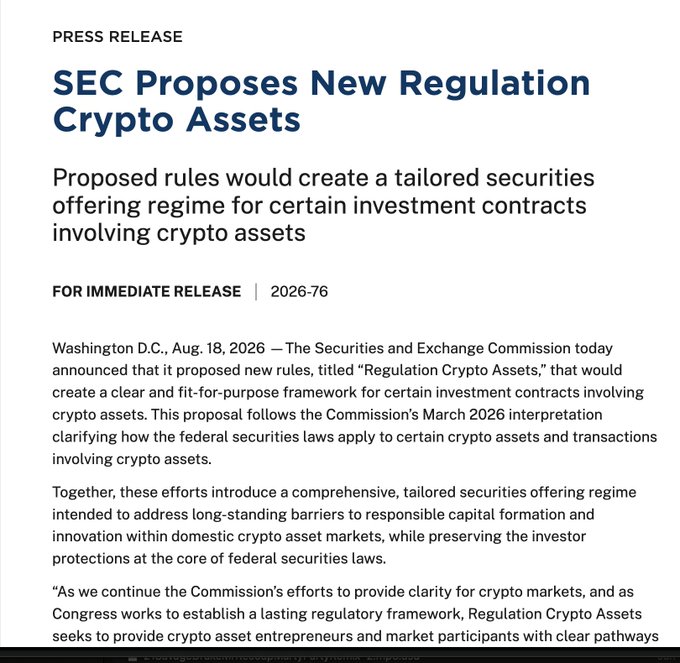 A press release from the SEC (dated Aug. 18, 2026, File 2026-76) announcing a proposed "Regulation Crypto Assets" to establish a tailored securities offering regime for certain crypto asset investment contracts, building on the SEC's March 2026 interpretation. The post "Its alive - SEC proposes Reg Crypto" celebrates this long-awaited official rule proposal, as the press release image shows the formal announcement that crypto entrepreneurs had been waiting for.