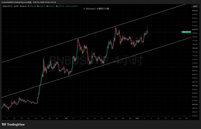A TradingView candlestick chart of BNB/USDT on a 4-hour timeframe showing an upward price trend within a rising channel pattern, dated October 5, 2024.