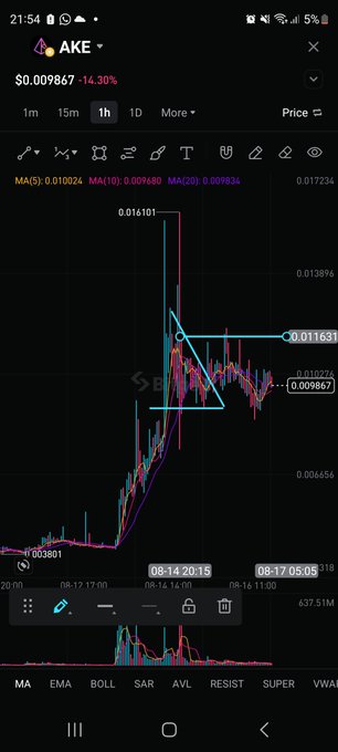 The image displays a 1-hour candlestick chart for the cryptocurrency ticker $AKE, currently priced at $0.009867 (-14.30%), with technical analysis markings showing horizontal resistance near 0.0116 and support near 0.00986, alongside a triangular pattern drawn over the recent price action. This visualization directly illustrates the post's trading strategy by highlighting the key levels above which to long ($0.011) and below which to short ($0.009) the asset.
