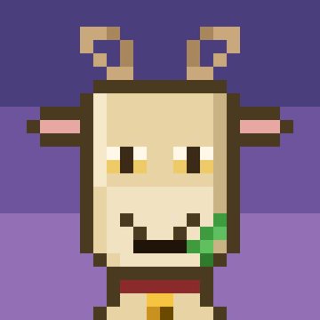 Pixel art illustration of a cartoon goat or cow-like creature with horns, a wide smile, eating green leaves, set against a purple background.