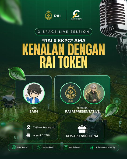 A promotional poster for "RAI X KKPC" AMA session titled "KENALAN DENGAN RAI TOKEN," featuring host Baim and an RAI representative, scheduled for August 1, 2026, with a $50 RAI reward, set against a green agricultural background.