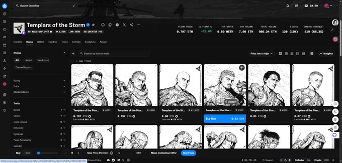 An NFT marketplace interface displaying a collection called 'Templars of the Storm' by Mad Universe, featuring black and white character illustrations with a Buy Now option visible at the bottom.