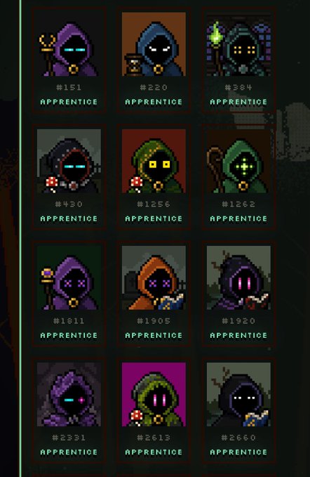 A grid of 12 pixel art hooded character avatars labeled as 'APPRENTICE' tier, with numbered IDs ranging from #151 to #2660, each featuring different colored hoods and symbols.