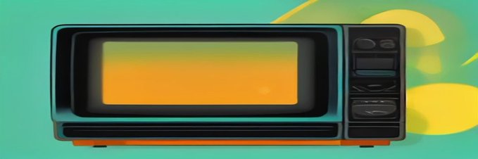 A cartoon illustration of a retro-style microwave with a dark gray body and orange/yellow glowing interior, set against a green background with yellow leaf shapes.