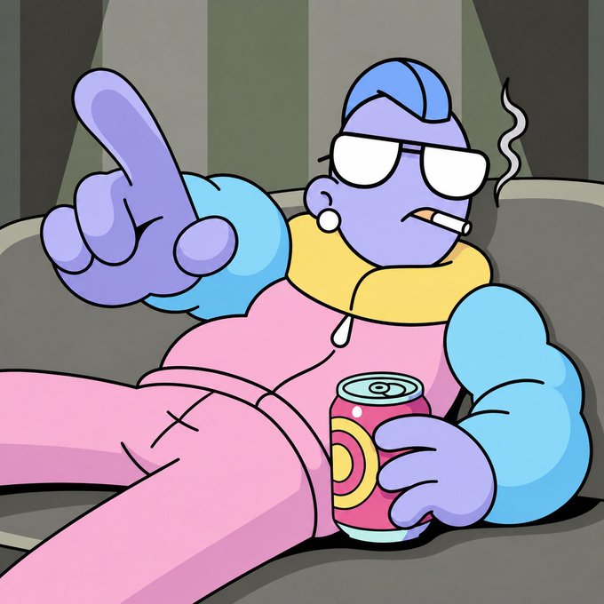 A purple-skinned cartoon character with a blue mohawk, sunglasses, earring, and cigarette lounges on a couch in a pink tracksuit, holding a soda can while pointing upward. The image's bold, confident pose pairs with the post's motivational message of resting up to "cook, mint, trade, and make history" — channeling that same larger-than-life swagger of a crypto legend ready for another big day.