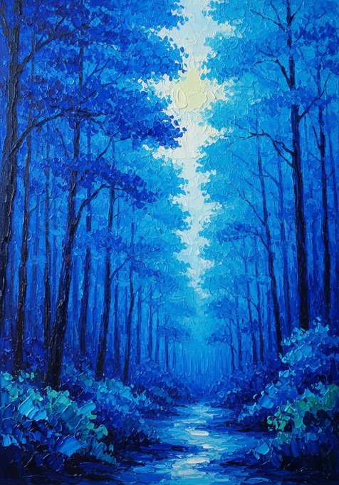 An impressionistic oil painting of a blue-toned forest with a path leading through the trees toward a glowing light in the distance.