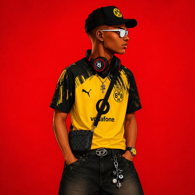 A digital illustration of a stylish man wearing a yellow and black Borussia Dortmund (BVB 09) Puma jersey with Vodafone sponsorship, a black cap, white sunglasses, headphones around his neck, and accessories including a crossbody bag, set against a solid red background.