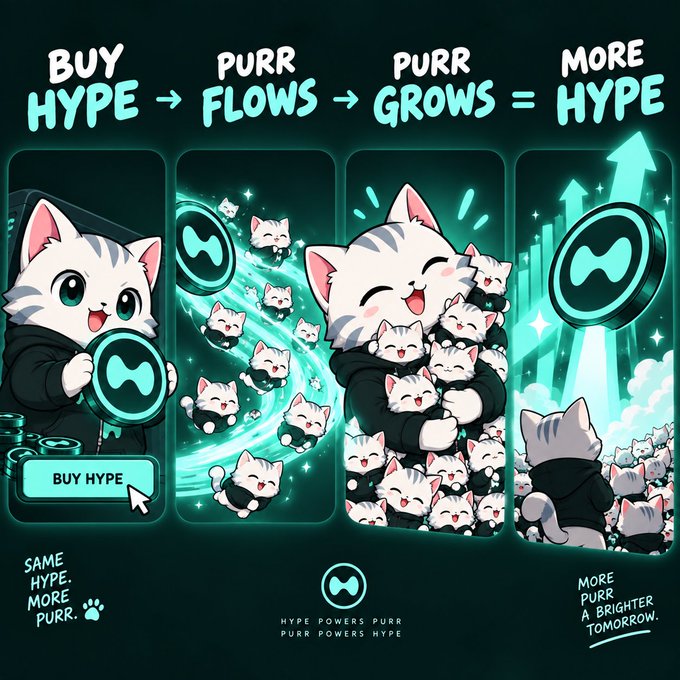 A four-panel cartoon meme about the 'HYPE' token, with the sequence 'BUY HYPE → PURR FLOWS → PURR GROWS = MORE HYPE', featuring cute white cats and the text 'SAME HYPE. MORE PURR.' and 'MORE PURR A BRIGHTER TOMORROW'.