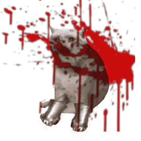 A creepy, distressed kitten image with metallic-looking paws and body, surrounded by red blood splatter on a white background.