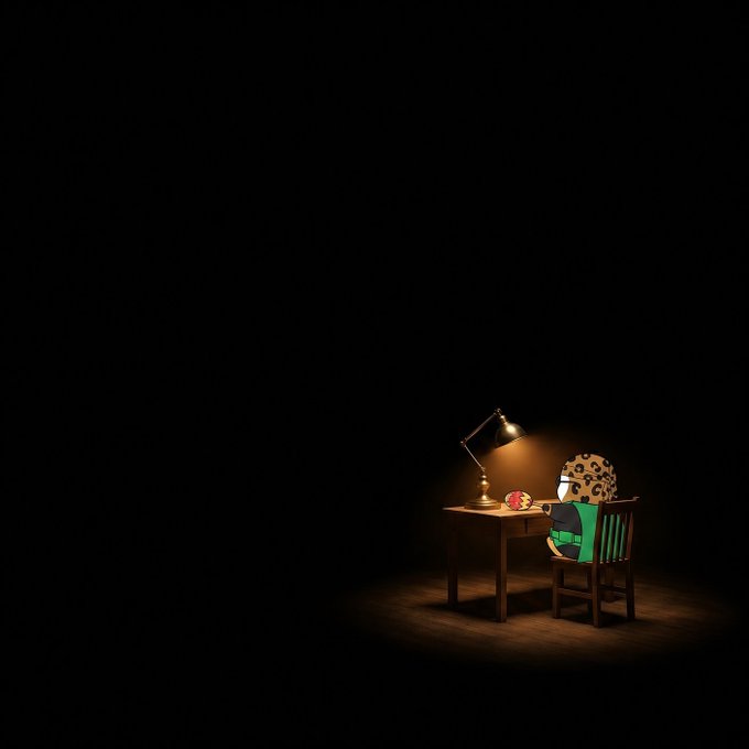 A dark scene illuminated by a single desk lamp, where a LEGO minifigure with leopard-print hair sits at a wooden desk, creating a moody, atmospheric composition.