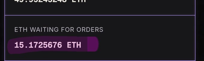 A dark interface shows 'ETH WAITING FOR ORDERS' with a highlighted amount of '15.1725676 ETH'.